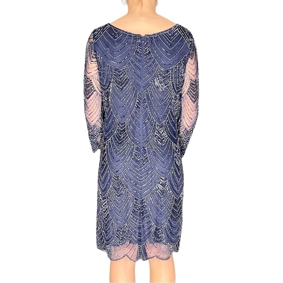 PISARRO NIGHTS BLUE ART DECO SCALLOP BEADED SHEER SLEEVE COCKTAIL SHEATH DRESS - Picture 3 of 16